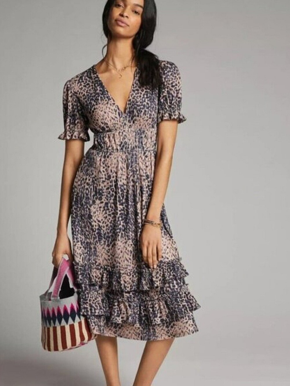 Hutch Anthropologie Adelia Knit Tiered Midi Dress Leopard Animal Print Sz Small